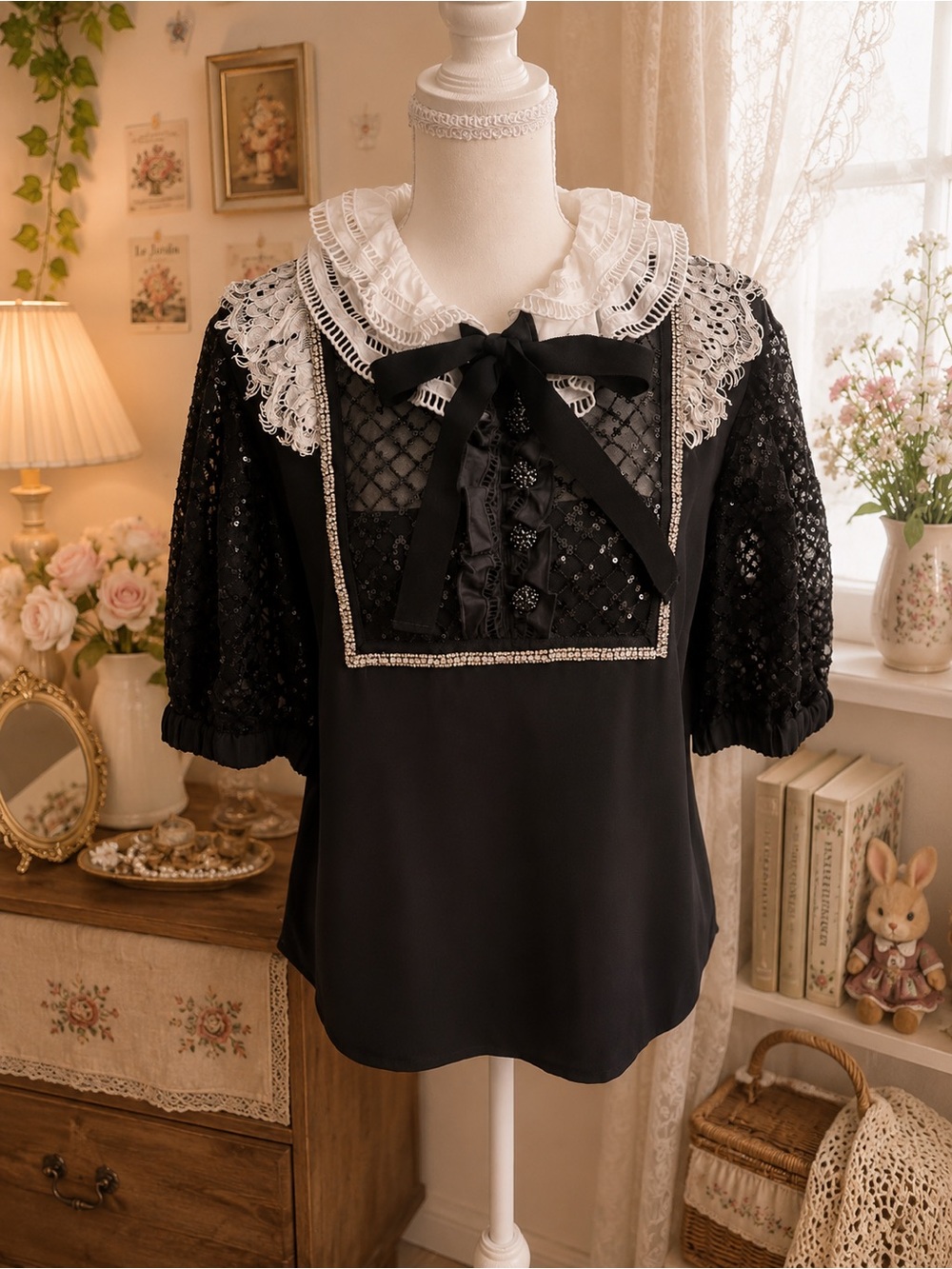 Self-Portrait Black Sequin Lace Collar Bow Top US 10 UK 14